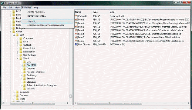 Registry Editor File MRU key